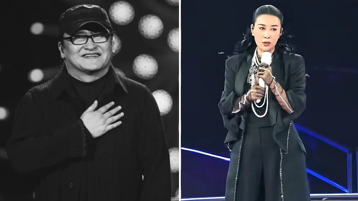 劉歡黑白肖像與那英身穿黑色服裝在舞台上持麥克風演唱的畫面。