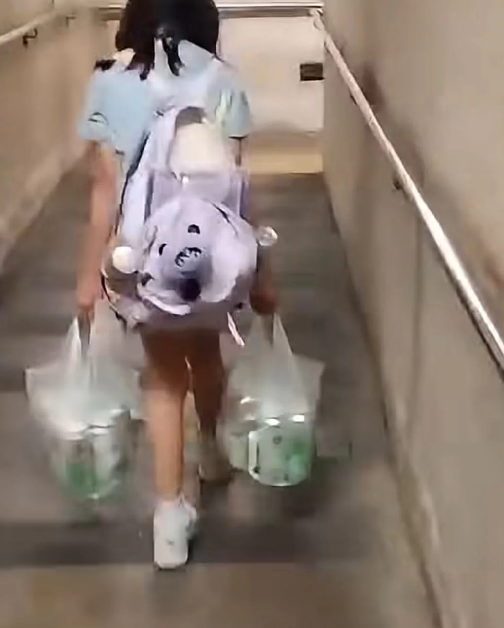 一名背著書包的兒童在樓梯間行走，雙手各提著一個裝有罐裝物品的膠袋，呈現其背影。