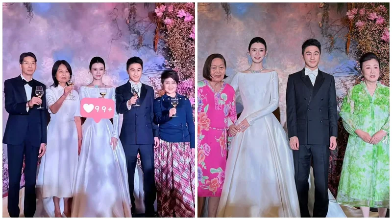 何猷君與奚夢瑤在婚禮答謝宴上，與梁安琪及多名賓客在萬束鮮花布置的場地合照，現場氣氛熱鬧。