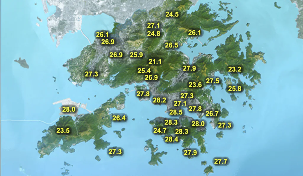 香港各區分區氣溫數據，地圖上標示多個地點的攝氏氣溫數值，反映全港各區的實時氣溫情況。
