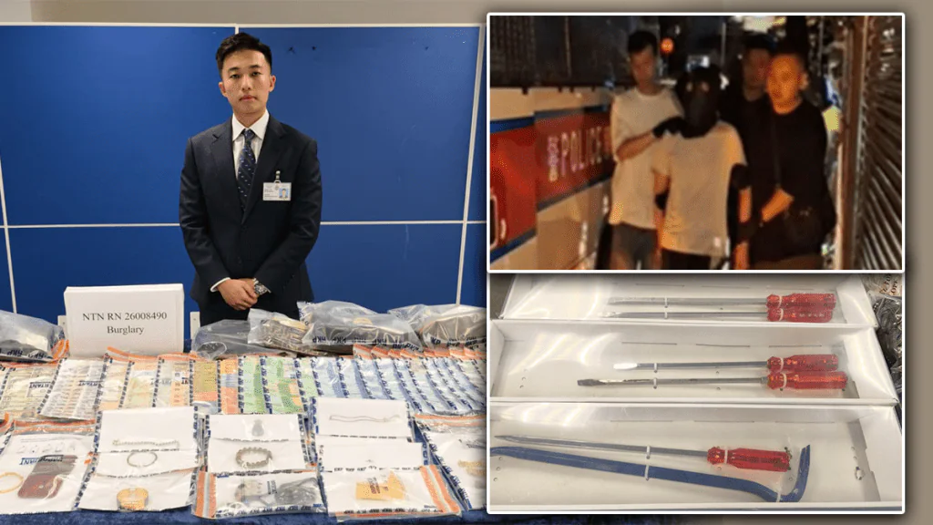 警務人員展示檢獲的螺絲批及撬棍等爆竊工具，並押解涉案疑犯前往調查。