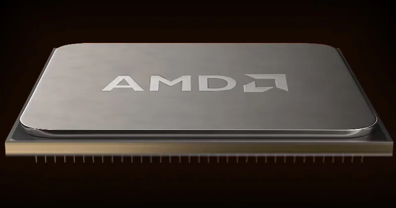 超微半導體（AMD）品牌標誌刻於處理器晶片表面，該公司宣布以約82億美元收購人工智能研究公司World Labs。